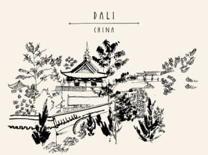templo chino en Dali, provincia de Yunnan, China. postal de la vendimia turístico handdrawn o un cartel en el vector